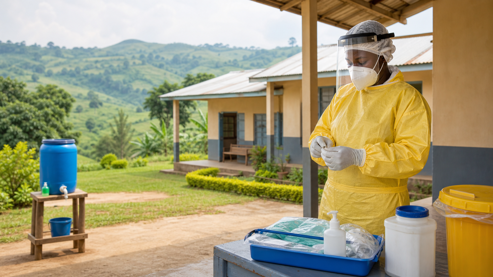 Illustration d’un agent de santé en équipement de protection préparant du matériel dans un centre de santé rural au Nord-Kivu.